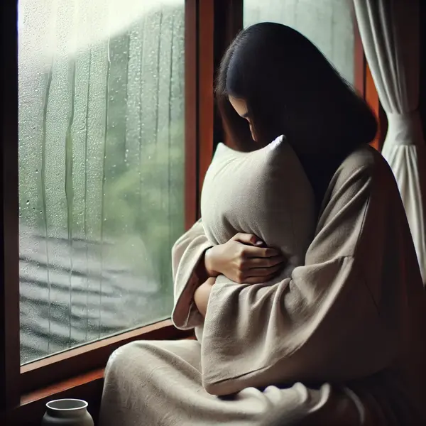 "A person in quiet reflection, symbolizing the struggle of holding back tears and the journey towards emotional release."