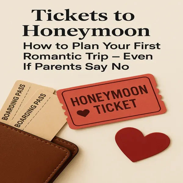 Featured blog image with boarding pass and travel icons showing the title “Tickets to Honeymoon: How to Plan Your First Romantic Trip – Even If Parents Say No.”