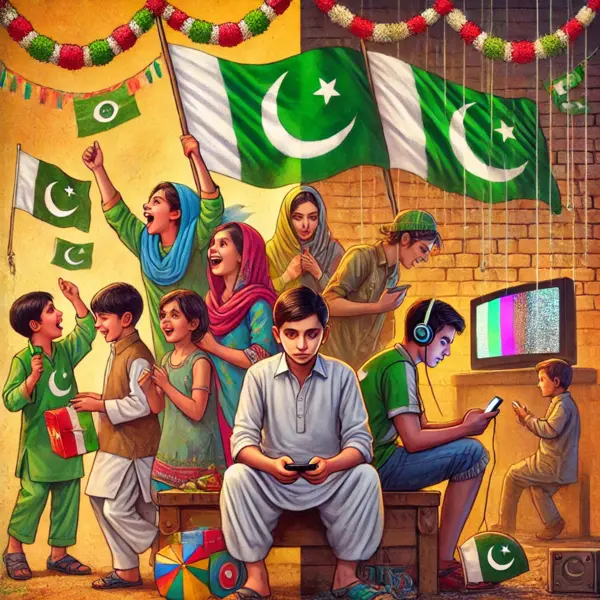 "Children on Pakistan's Independence Day, reflecting on fading traditions and national spirit."