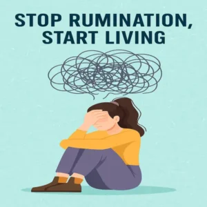 Illustration of a young woman sitting on the floor with her head in her hands, distressed, as tangled scribbles above her symbolize overthinking and rumination.