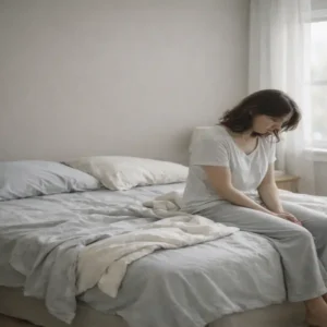“A woman sits on the edge of an unmade bed, looking down with a tired posture. Soft morning light fills the muted, calm bedroom, reflecting quiet mental exhaustion.”