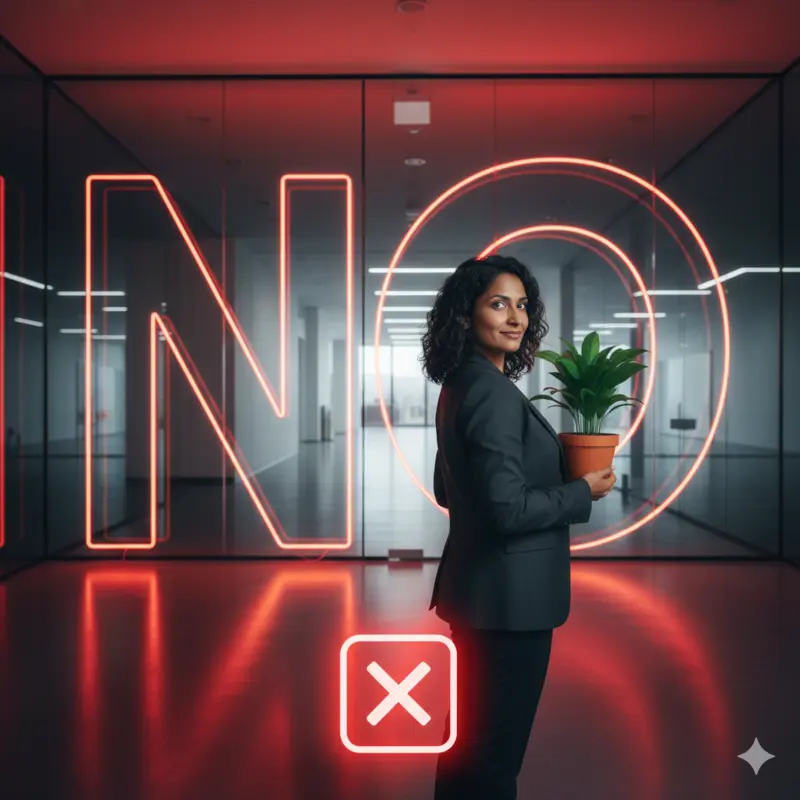 A professional woman standing in a modern office in front of a glowing red NO neon sign, representing how to say no in a smart way and stop trying to say yes to everything.